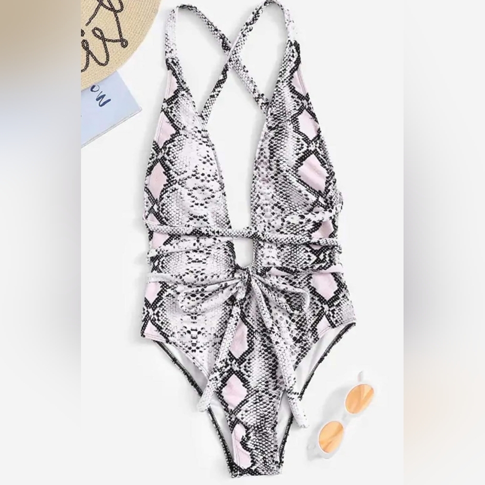 Deep V Criss Cross Tie Snakeskin Print Swimsuit One Piece